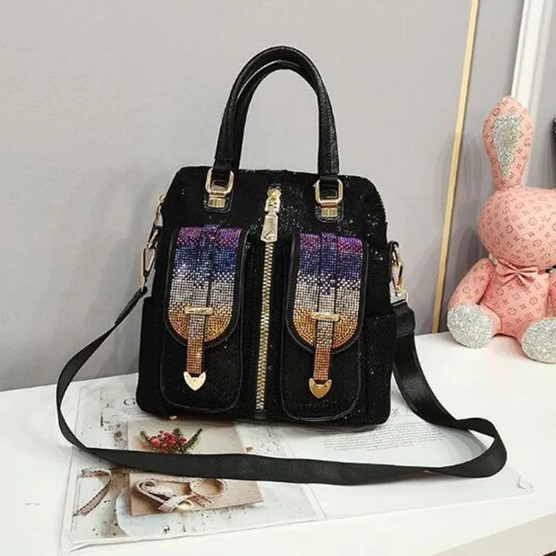 Sequin women\'s bag2024 New Trendy Women\'s Bag Fashion Casual Contrast Color Hot Rhinestone Shoulder Crossbody Three-purpose Bag