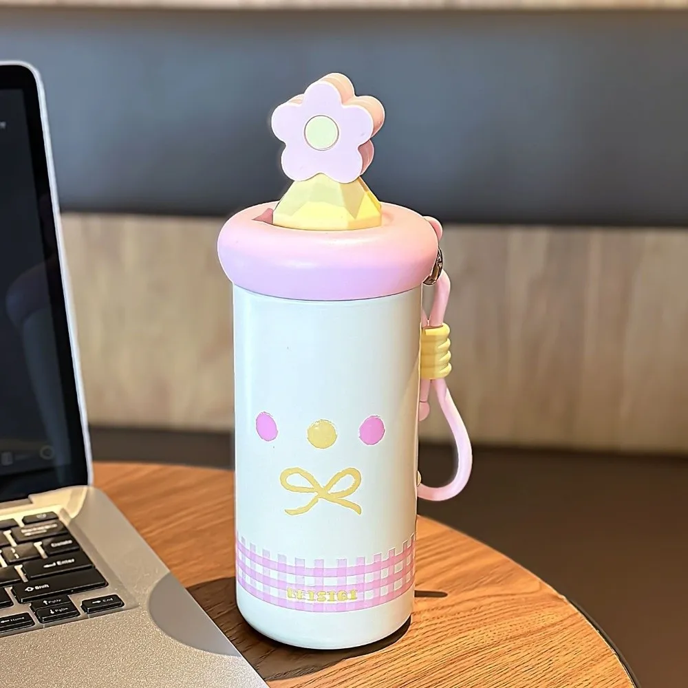 

New Flower Insulated Cup Stainless Steel with Straw Thermal Water Bottle with Lanyard Vacuum Sippy Mug Gifts