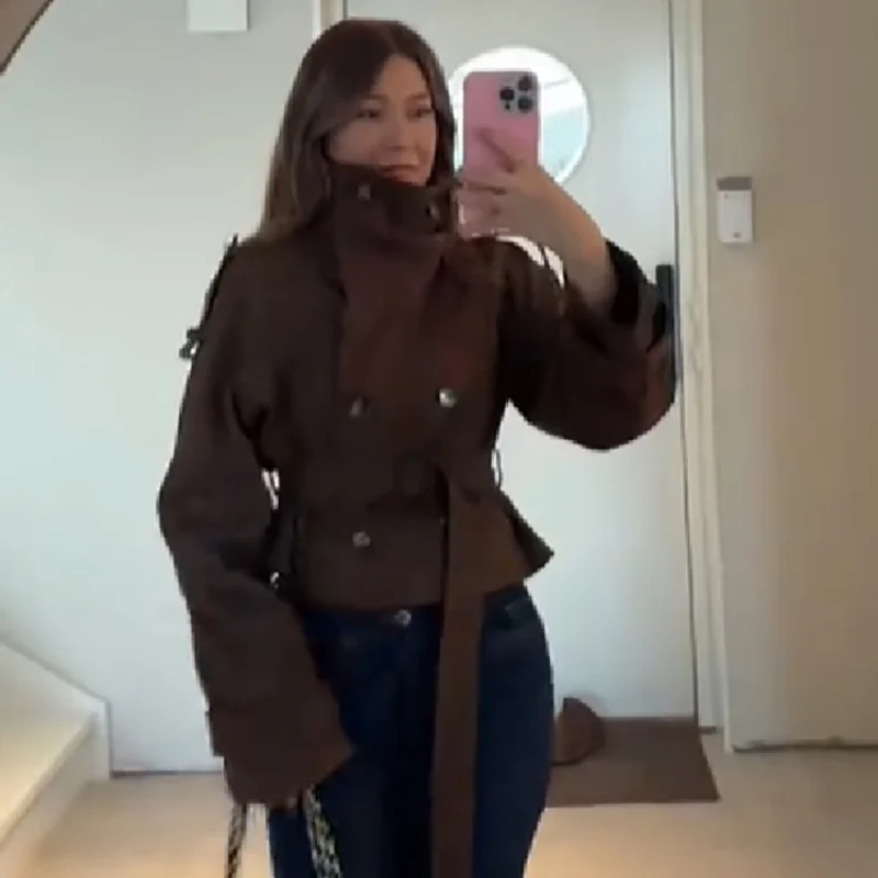 Women Faux Suede Cropped Jacket Trench Double Breasted Stand Collar Belt Waist Cape Back Casual Streetwear Ladies Short Coat