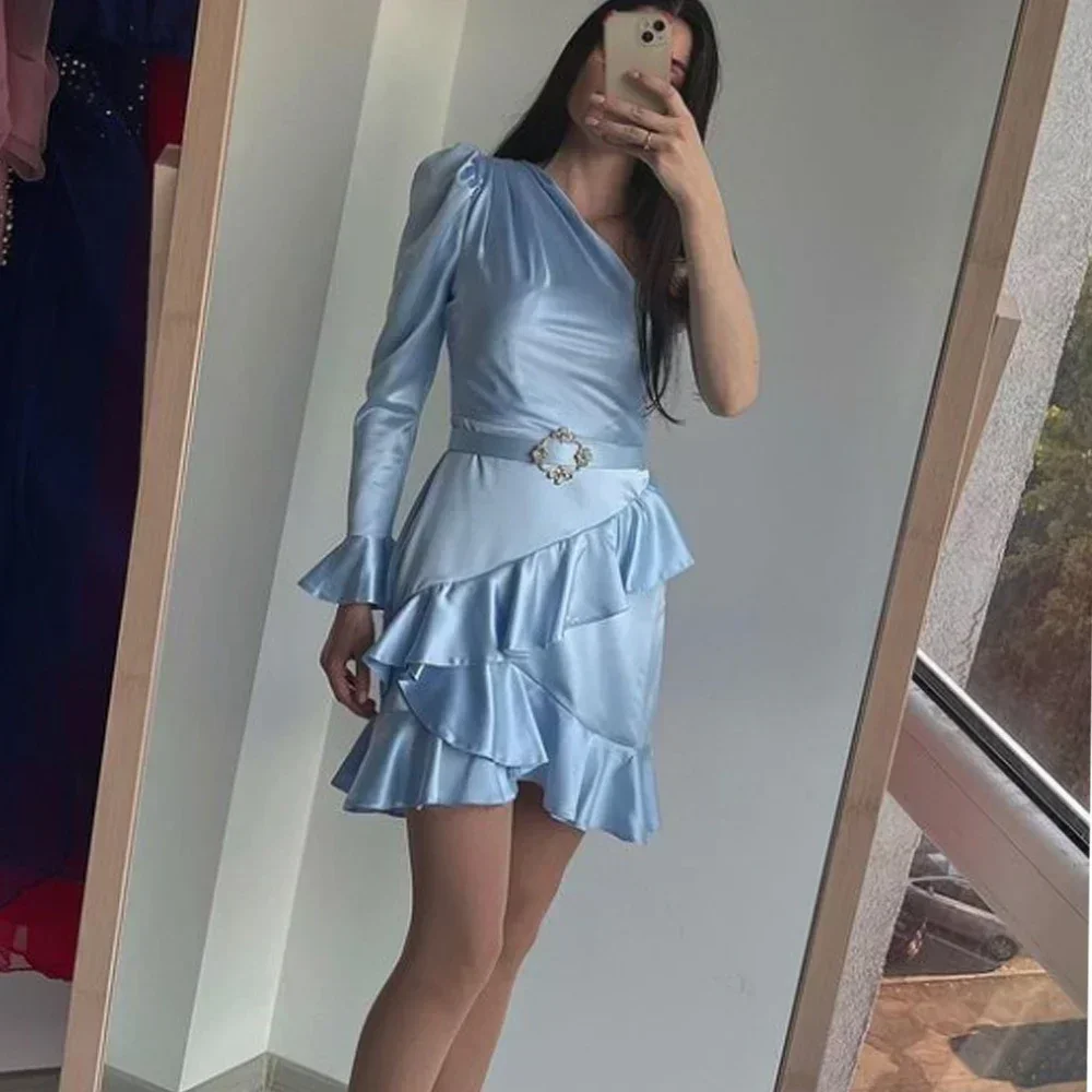 Exquisitos vestidos de graduación con volantes, vestido de cóctel de un solo hombro, vestidos formales elegantes de fiesta de alta calidad para mujer personalizados