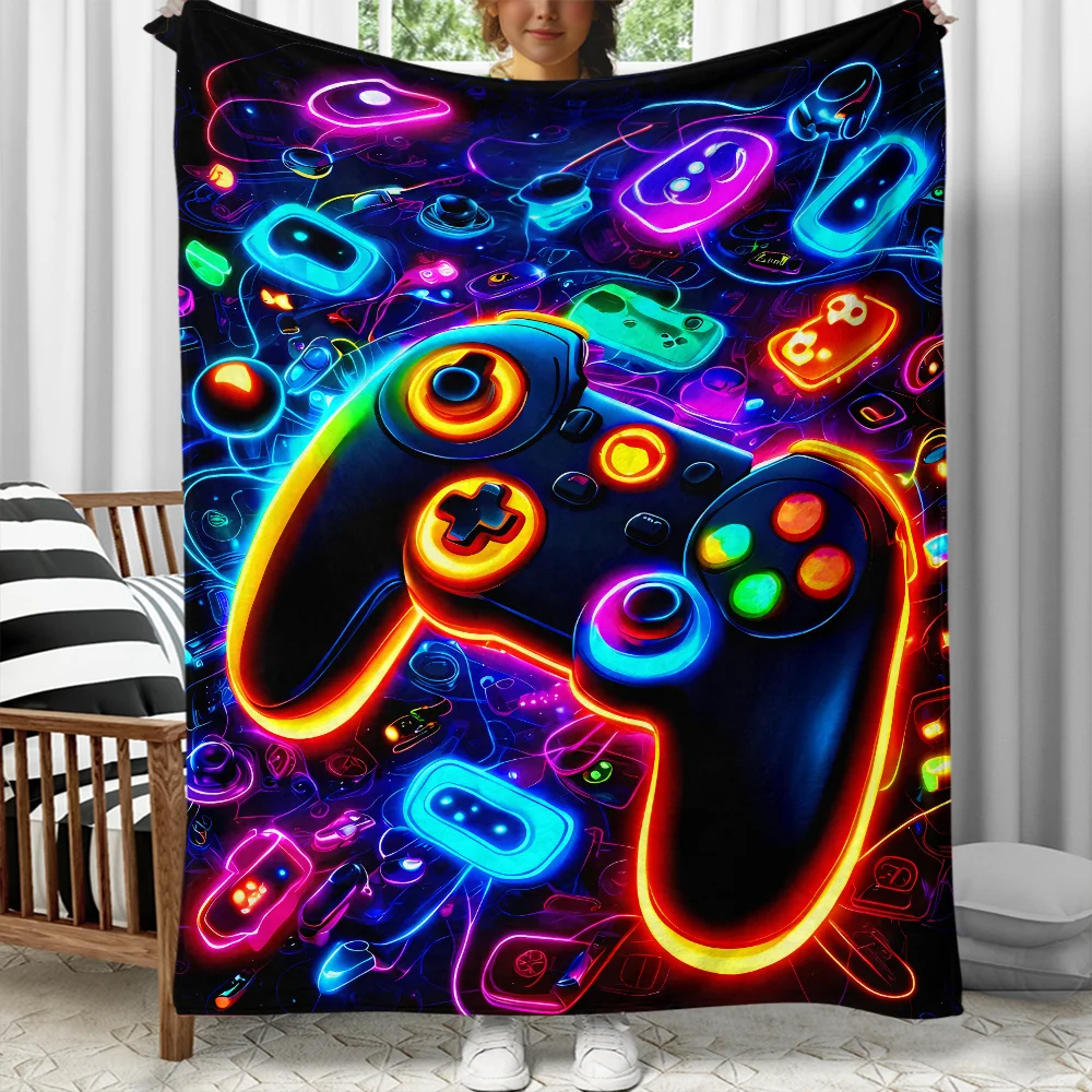 Graffiti‑Style Neon Cyan Purple Gamepad Tech Circuit Element Full‑Print Cozy Throw Blanket for Cool Gaming Home Ornament Carpet