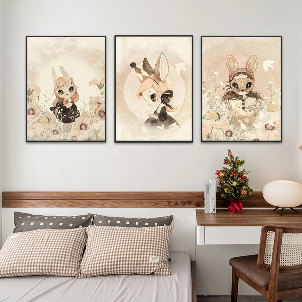 Cute Beige Rabbit Girl Canvas Prints And Posters Kids Room Wall Art Decoration Paintings Bedroom Modern Home Decor