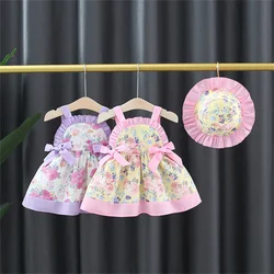 Summer 2-Piece Baby Girl Lolita Dress+Floral Hat Baby Bow Broken Floral Dew Back Sleeveless Cotton Beach 0-3 Year Old Dress