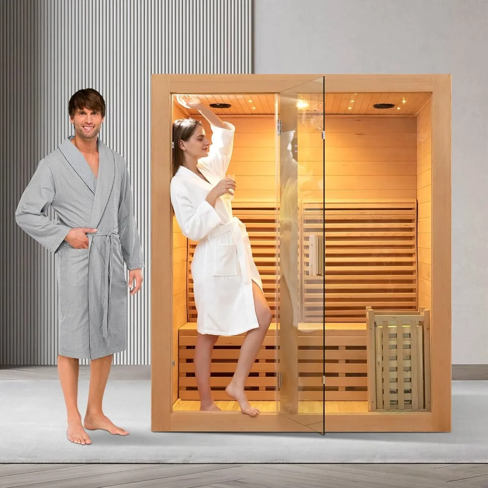 

2 Person Canadian Hemlock Luxurious Indoor Sauna with 3.5 KW Harvia Stove Heater, Bluetooth Speaker,Wooden Steam Sauna Room