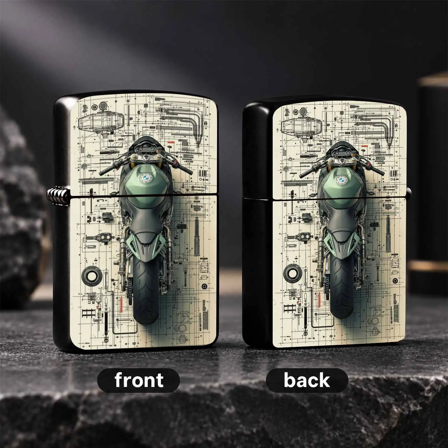 Exquisite Motorcycle Blueprint Themed Lighter, Cool Mechanical Aesthetic Decor, Multi-Scene Applicable for Outdoor Camping Daily Use, Unique Nice Gift for Motorcycle Enthusiasts PersonalA Humorous And Interesting Lighter