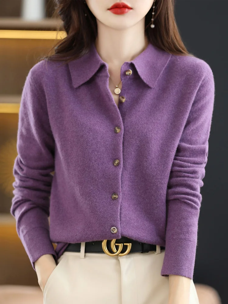 Long Sleeve Women Sweater Autumn Winter 100% Merino Wool Cardigan Solid Turn Down Collar Cashmere Knitwear Korean Fashion Tops