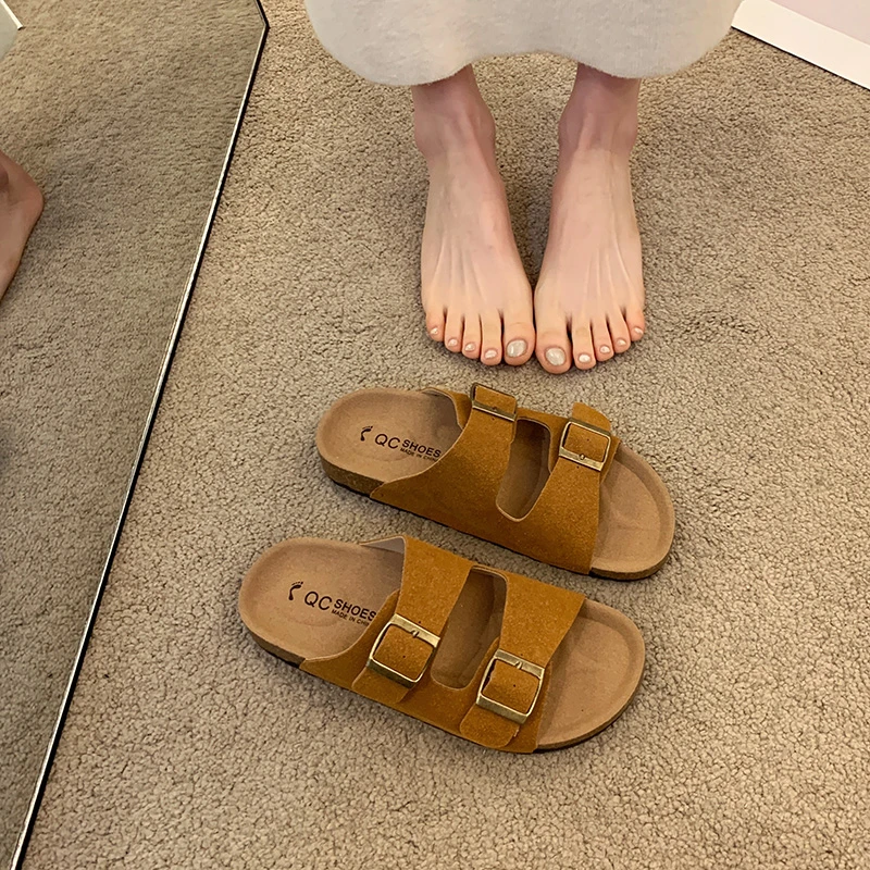 Sommer klobige Sandalen Damen Hausschuhe Mode Nubuk Birkenstocks Frauen Kork Slipper Casual Strand Doppelschnalle rutschfeste Rutschen