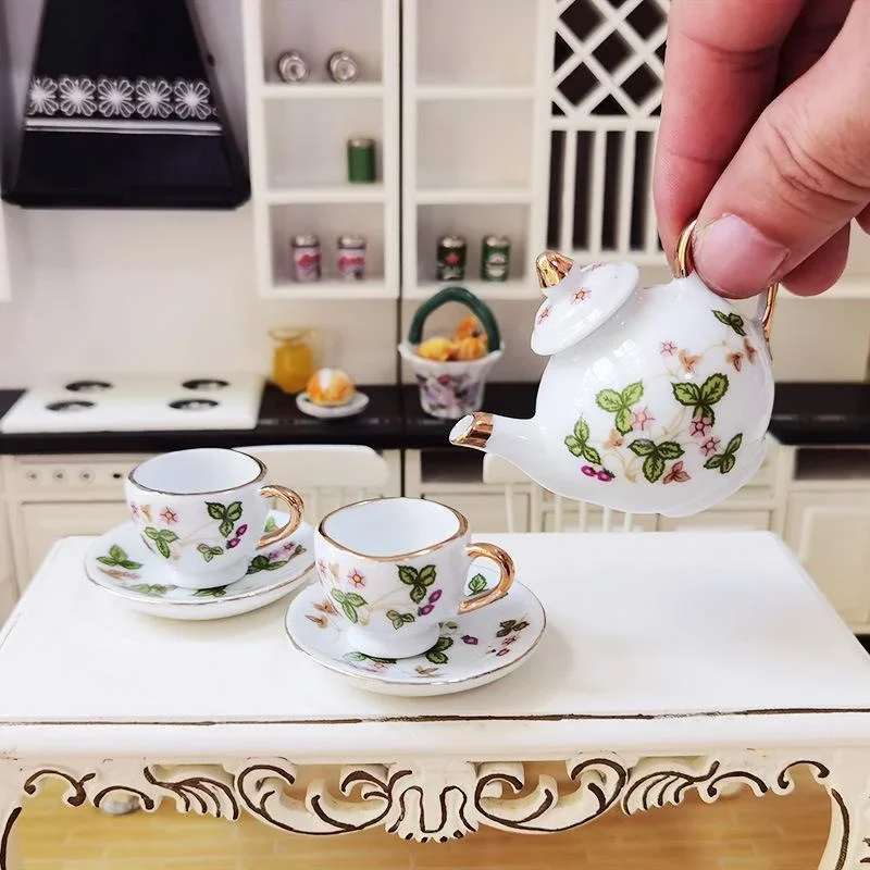 8PCS Flower Pattern Charms Dish Plate Tea Cup Set for 1/6 Scale Dollhouse House Miniature Pot Porcelain Ceramic  Print