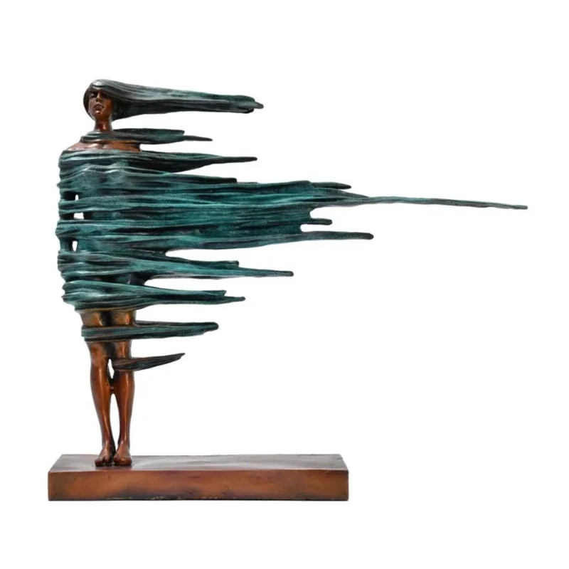 Bronze statue sculpture girl in the wind art striped ornament living room study abstract art