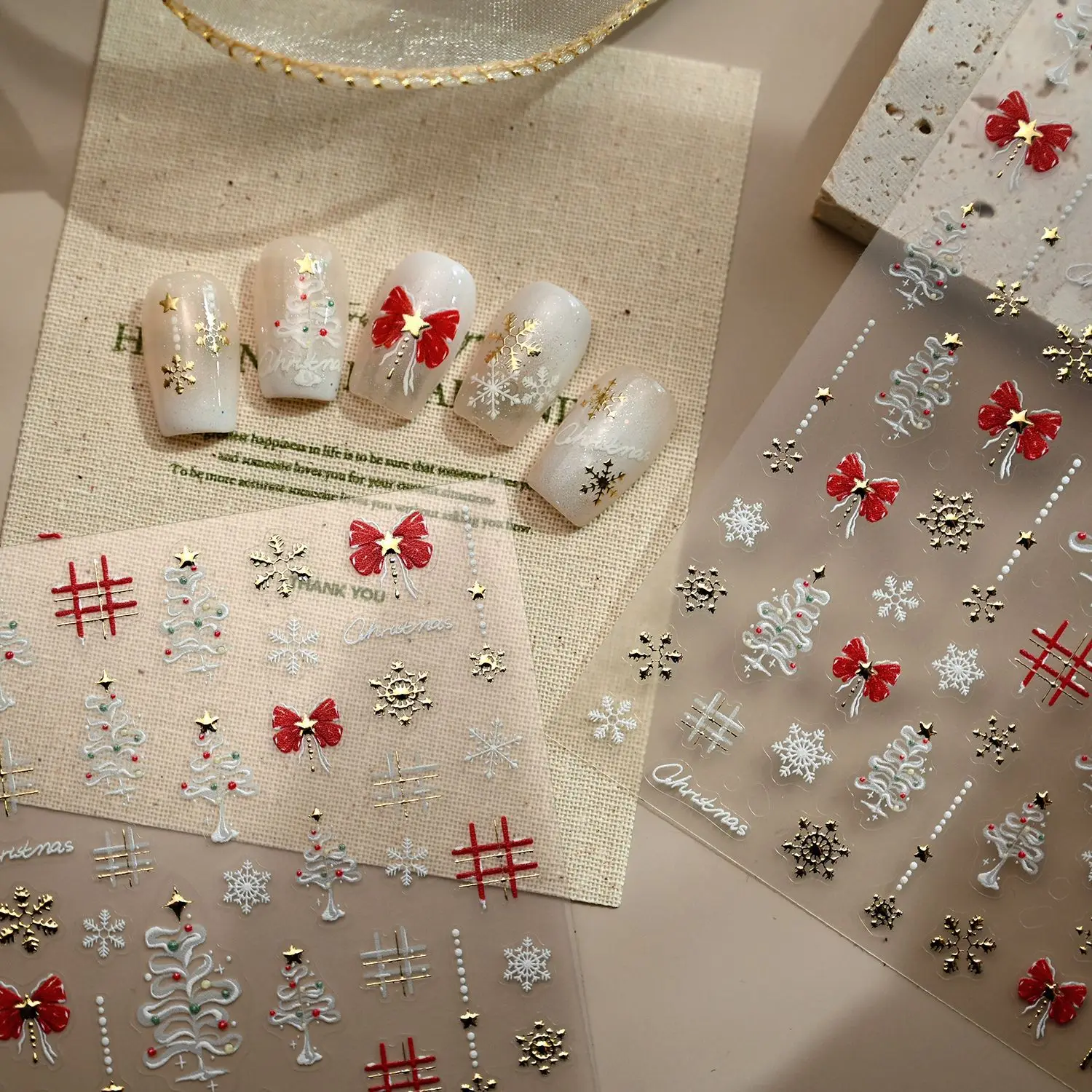Gold White Snowflake Tree Big Red Bowknot Lovely Christmas 3D Self Adhesive Nail Art Sticker 5D Embossed Reliefs Manicure Decals