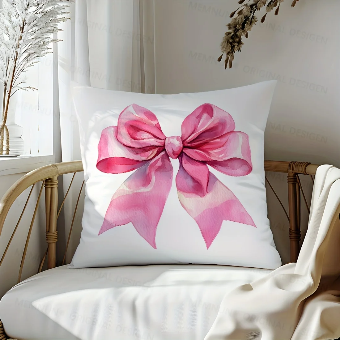 1pc Watercolor Pink Bow Print Throw Pillow Cover,Suitable for Sofa,Bedroom,Living Room,A Sweet Gift for Girly Aesthetic Lovers