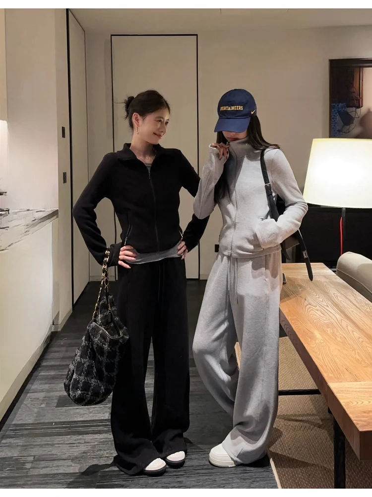 

EKOOL ультратонкий повседневный спортивный комплект из мериносовой шерсти, женский свитер на молнии с высокой талией, прямые брюки, длинные брюки, комплект из двух предметов