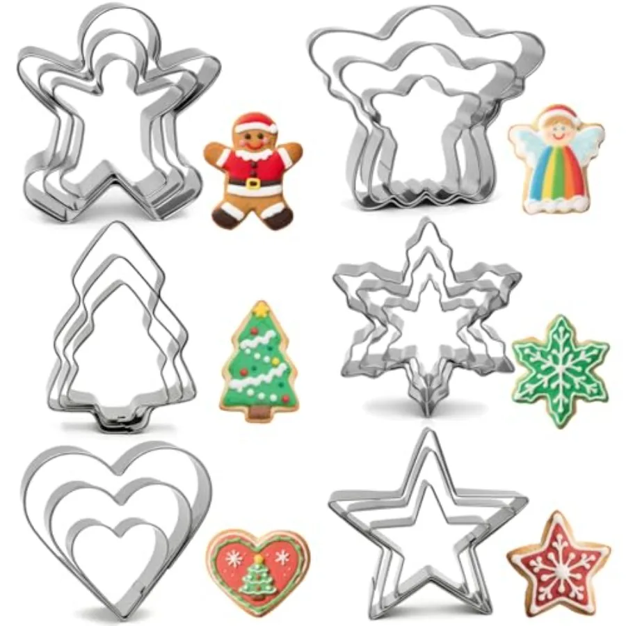 

Christmas Ce Cutters Set - 18 Pieces 6 Shapes - Ginger Man Christmas Tree Snowflake Angel Heart Five Star - Stainless Steel Met