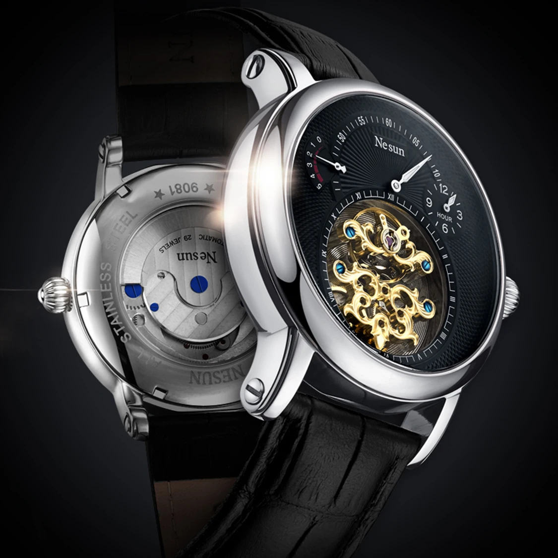 NESUN automatic mechanical men's watch, multi-functional luminous stainless steel classic business men's watch