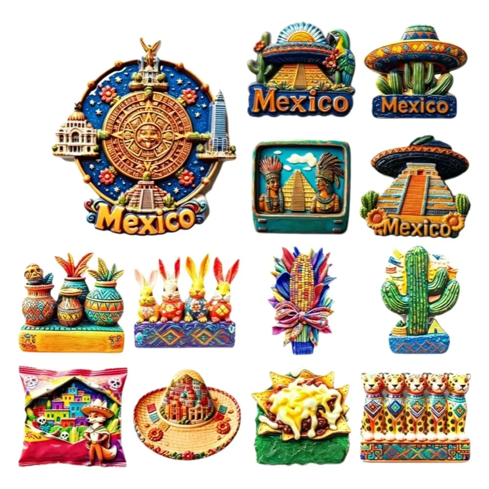 Mexican Tourist Souvenir 3D Resin Fridge Magnet Sombrero Cactus Maya Pyramid Jaguar Corn Decor Refrigerator Magnet Home Ornament