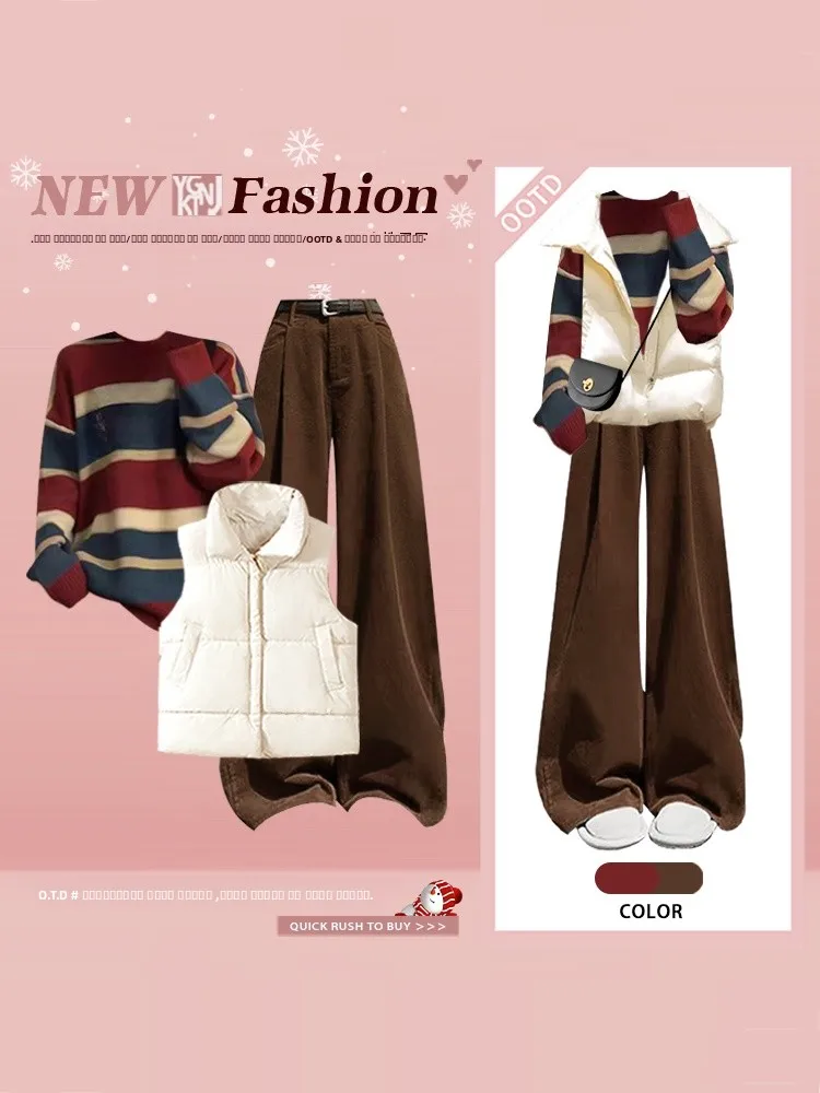

Winter Outfit Soft Cozy Striped Sweater Wide Leg Pants Tee Piece Set Contrast Color Knitted Wear Vintage Sle for Women