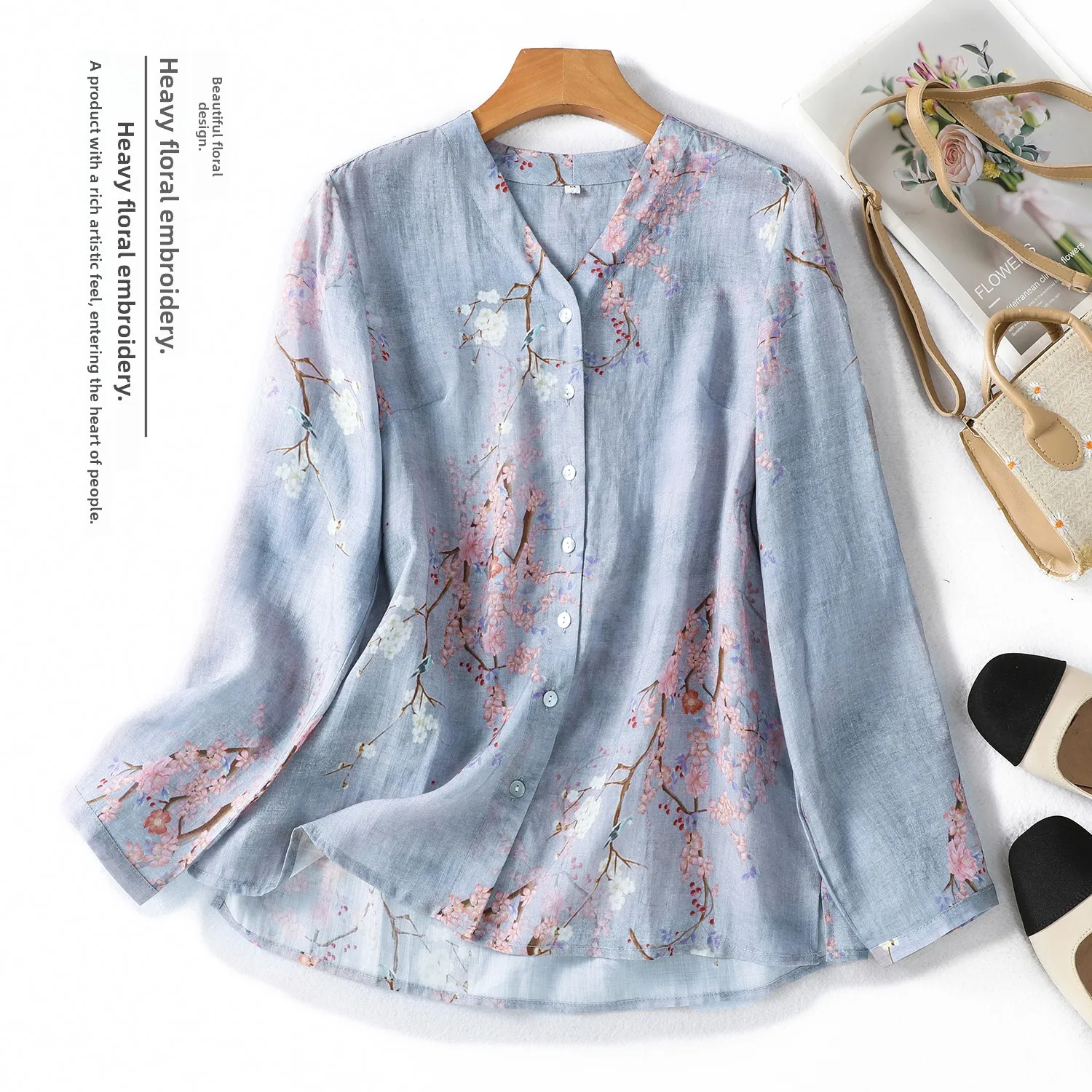 

Элегантная шелковая рубашка с длинным рукавом, женская хлопково-льняная блузка с художественным принтом в стиле ретро, весна-лето, новинка