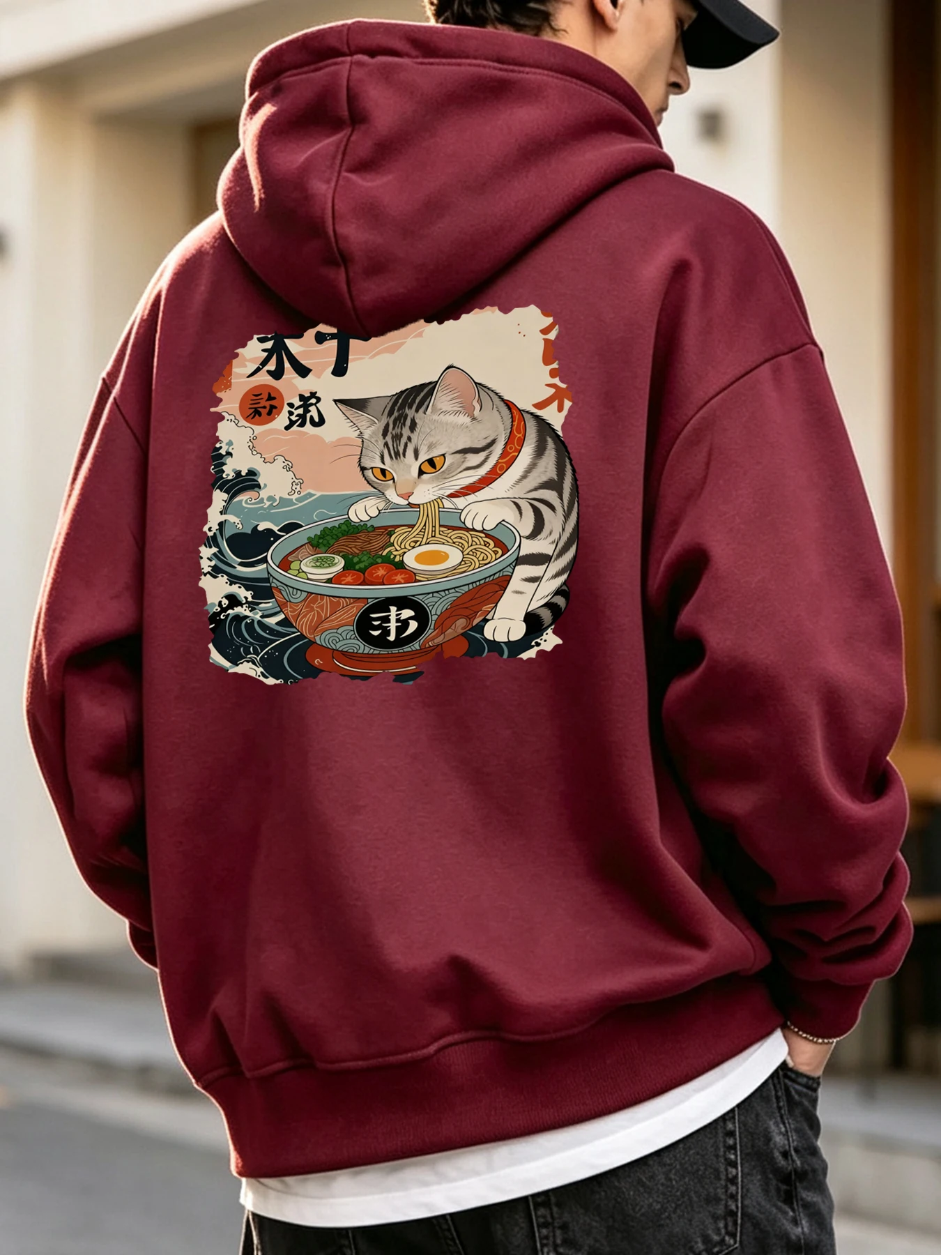 A Cat That Likes To Eat Noodles Prints Street Hoodies Men Autumn Korean Clothing Fleece Unisex Pullover Pocket Casual Streetwear