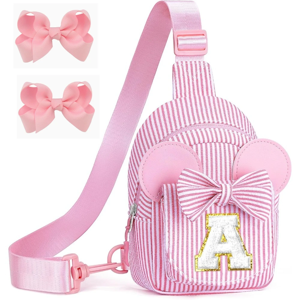 Set de 3 Bolsos Cruzados para Niñas: Bolso de Pecho a Rayas con Orejas de Ratón, Riñonera y Bolso de Hombro Casual con Lazo y Pinza para el Pelo - Regalos para Niñas