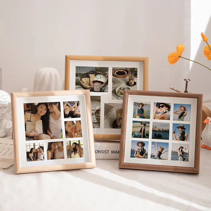 Imitative Wooden Photo Frame for Walls 23X23cm Nine-square Grid Vintage Photo Frames Stand for Pictures Gift Room Desktop Decor