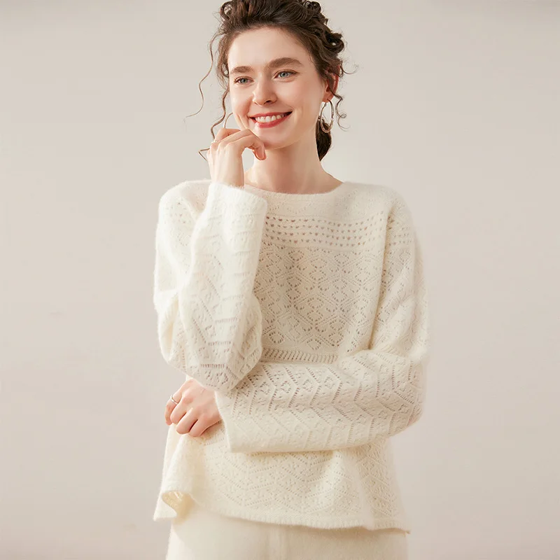 Spring Summer Women Hollow Pullover 100% Cashmere Sweater O-Neck Thick Simple Soft Luxury Grace Style Clothing High Quality