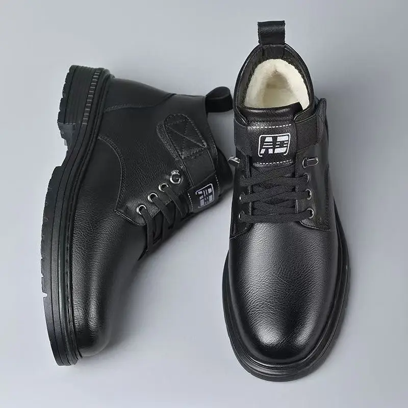 Cotton shoes men's winter warm cotton leather shoes with plush insulation high top snow boots versatile casual shoes for men