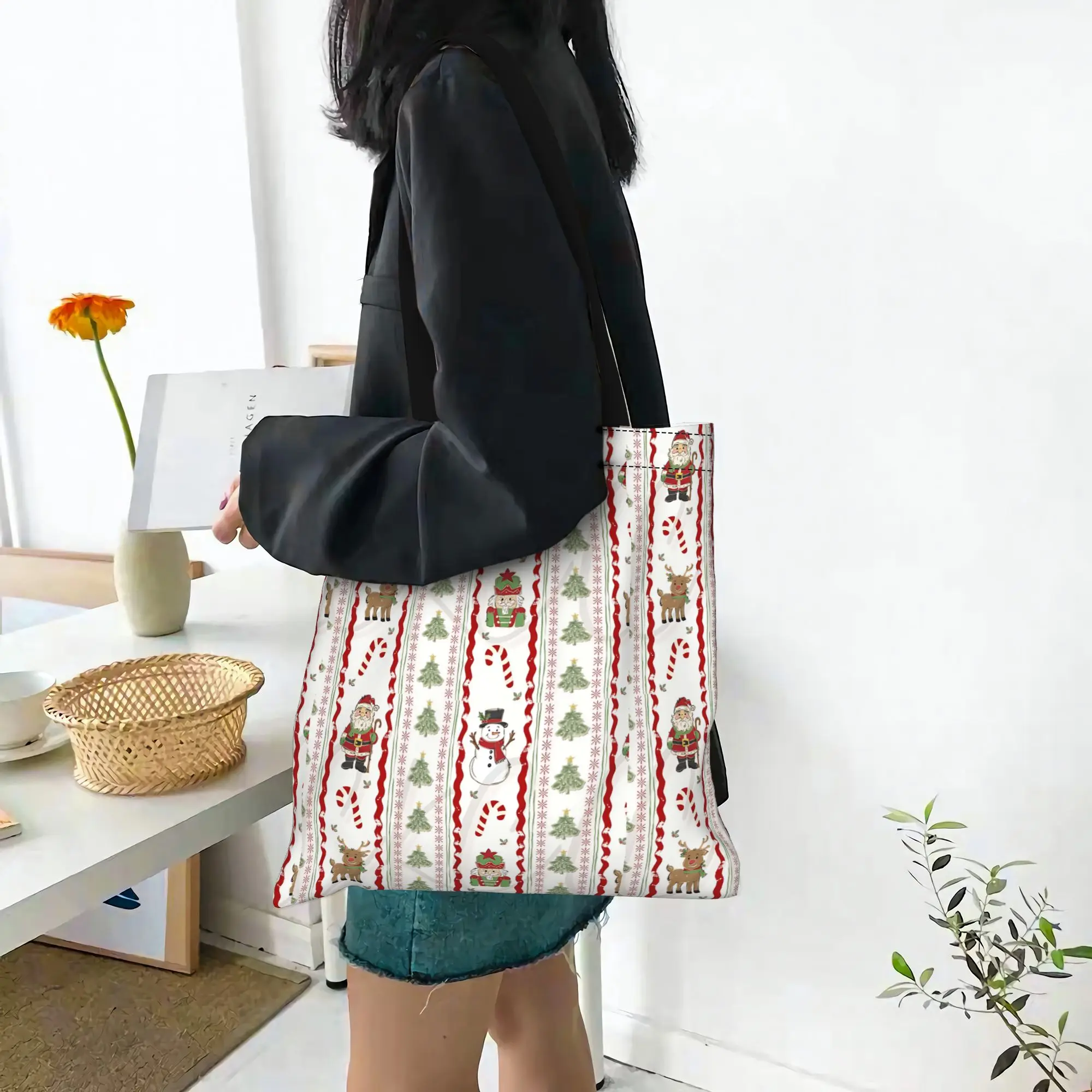 Customized Christmas Knit Ornament Pattern Women's Bag Shopping Bag Reusable Double Sided Canvas Tote Bag Shoulder  Handbag