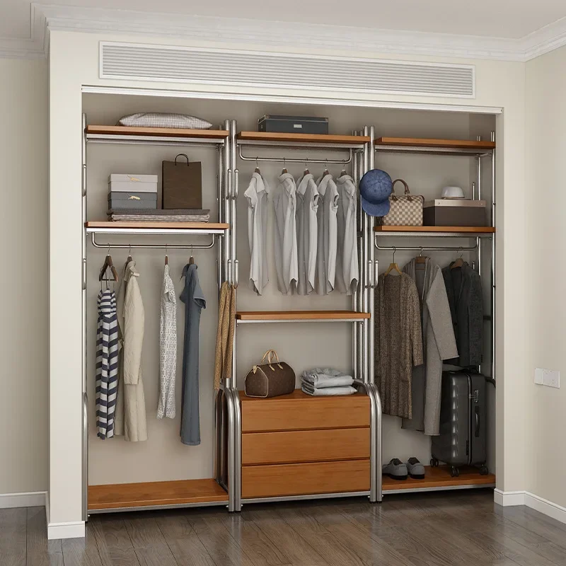 Metal Wardrobe Home Bedroom Walk-in Closet Solid Wood Open Iron Hanging Wardrobe Hanger Coat Rack