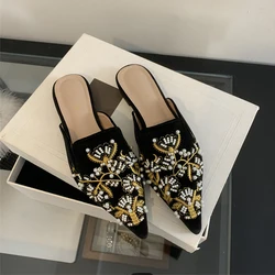 Aneikeh Summer Women Flat Slippers Pointed Bead Embroidery Roman Style Shallow Mouth Velvet Mules Shoes Slip on Female Slides