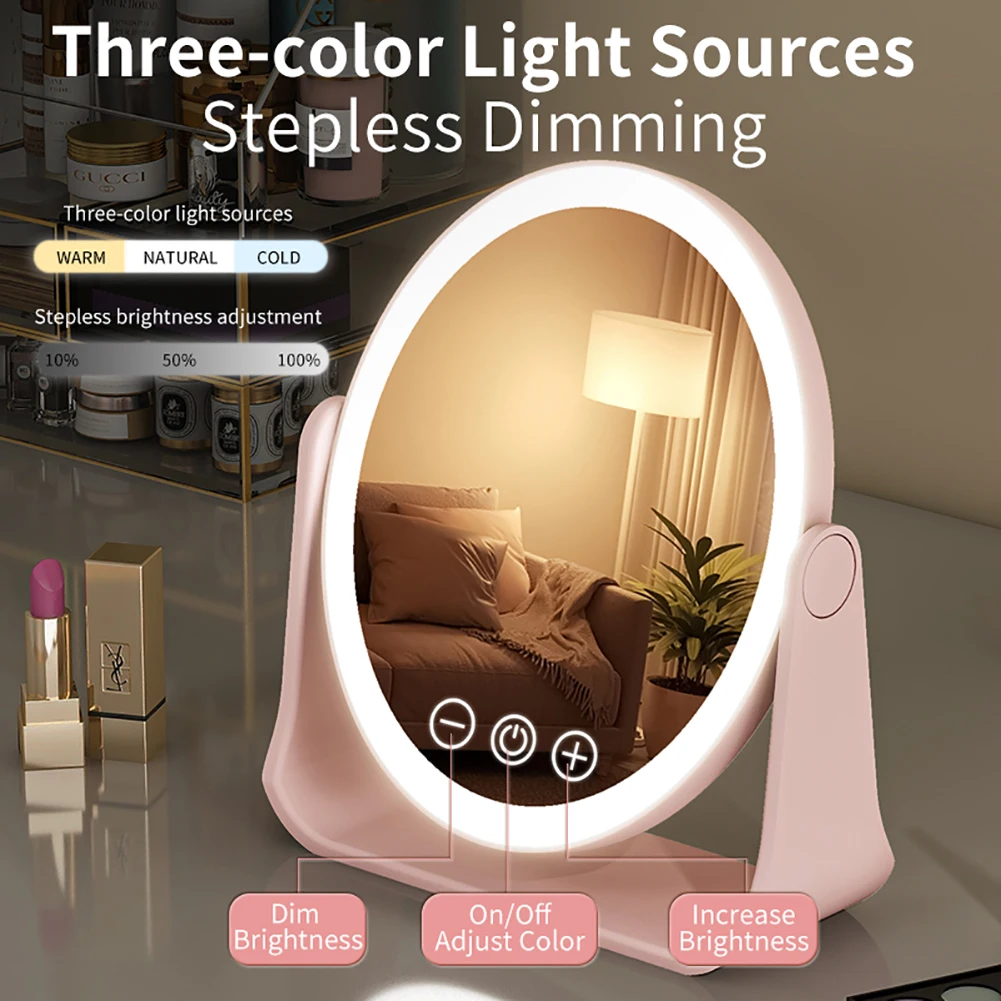 Miroir de maquillage LED intelligent, 3 couleurs, éversible, écran tactile à intensité variable, miroirs cosmétiques, électrique rotatif, beauté de maquillage pour table
