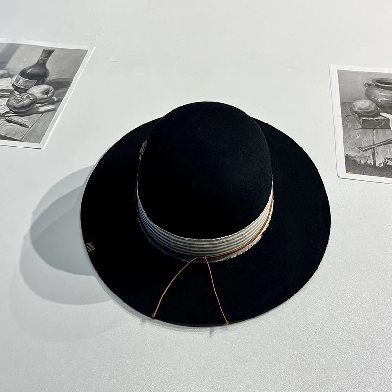 Men's and Women's Black Pure Wool Fedora with Feather Decoration Vintage Wool Fedora
