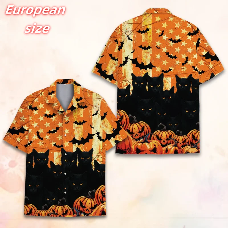 

Cat Pumpkin Bat Pattern Hawaiian Shirt For Men Happy Halloween 3D Printed Blouse Summer Short Sleeve Lapel Tops Aloha Shirts