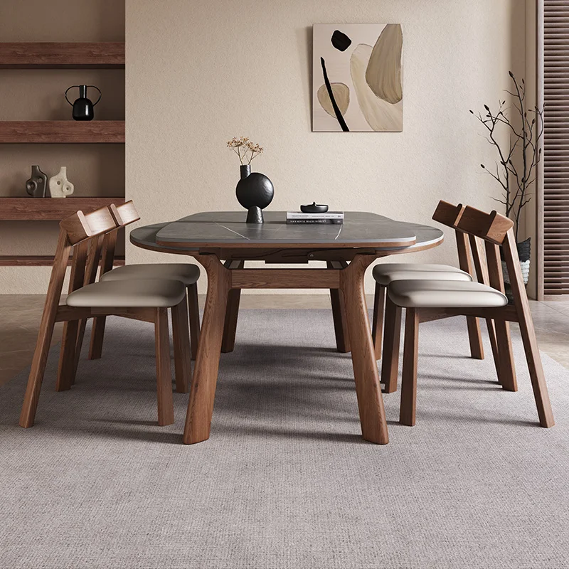Retractable rock slab solid wood dining table Household small apartment variable round table Simple light luxury square