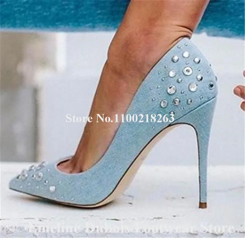 

Blue Denim Crystals Pumps Emeline Dubois Pointed Toe Stiletto Heel 8cm 10cm 12cm High Heels Slip-on Rhinestones Dress Shoes