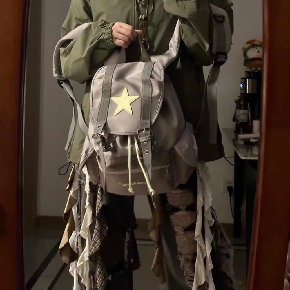 Zaino Lucky Star carino di grande capacità Zaino stile coreano Y2K con coulisse Borsa da campeggio per escursionismo multitasche in nylon Studenti