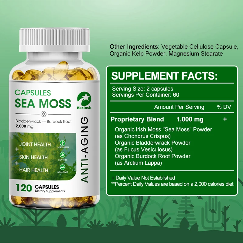 Kexinsh 60/120 Sea Moss Capsules Raw Organic Rich In Vitamin Mineral Boost Immune System Sea Moss Extract Supplement