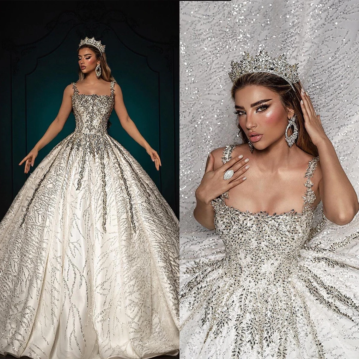 Glamorous Ball Gown Wedding Dresses Spaghetti Square Neck Beads Shining Appliques Pleats Floor Length Customized Robe De Mariée