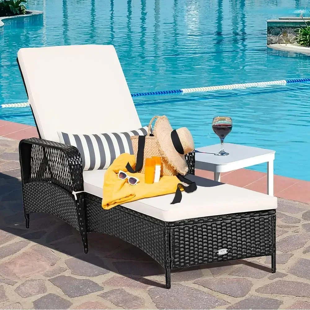 Outdoor Wicker Reclining Chaise Lounge with Adjustable Backrest, Cushioned Seat & Removable Pillow