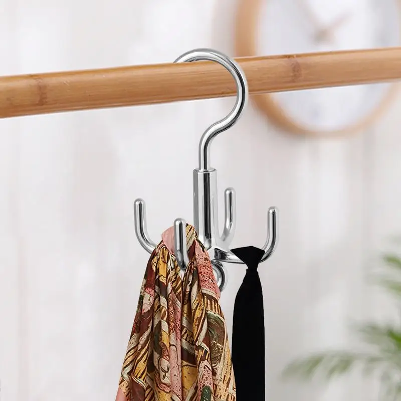 Closet Rod Hook 360 Degree Rotating Belt Rack With 4 Hooks Space Saving Bag Storage Hook For Belt Bra Tank Top Tie Scarf Purse