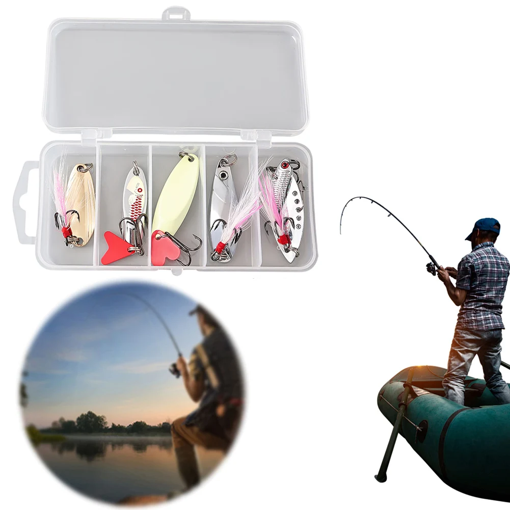 5pcs Fishing Metal Spoon Lure Kit Set Wobbler Bait Set Hard Baits Sequins Spinner Lures with Box Treble Hooks for Fishing