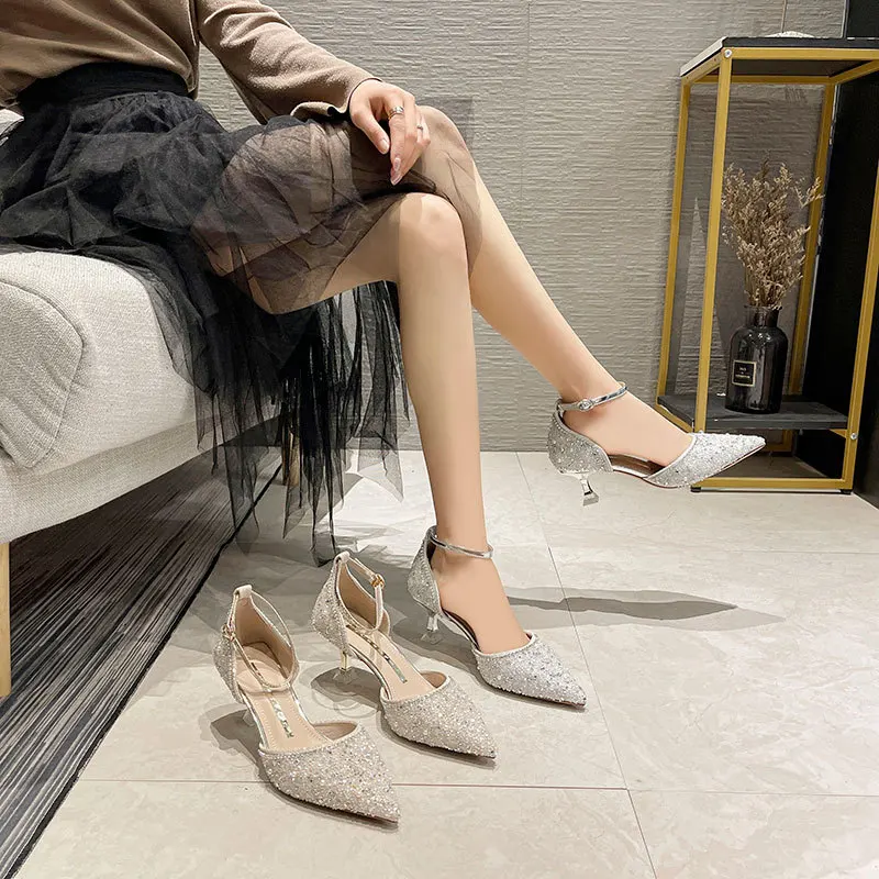 Elegant Ladies Ankle Strap Pumps High Heels Crystal Wedding Shoes Bride for Women 2022 Spring Pointed Toe Luxury Pumps Woman