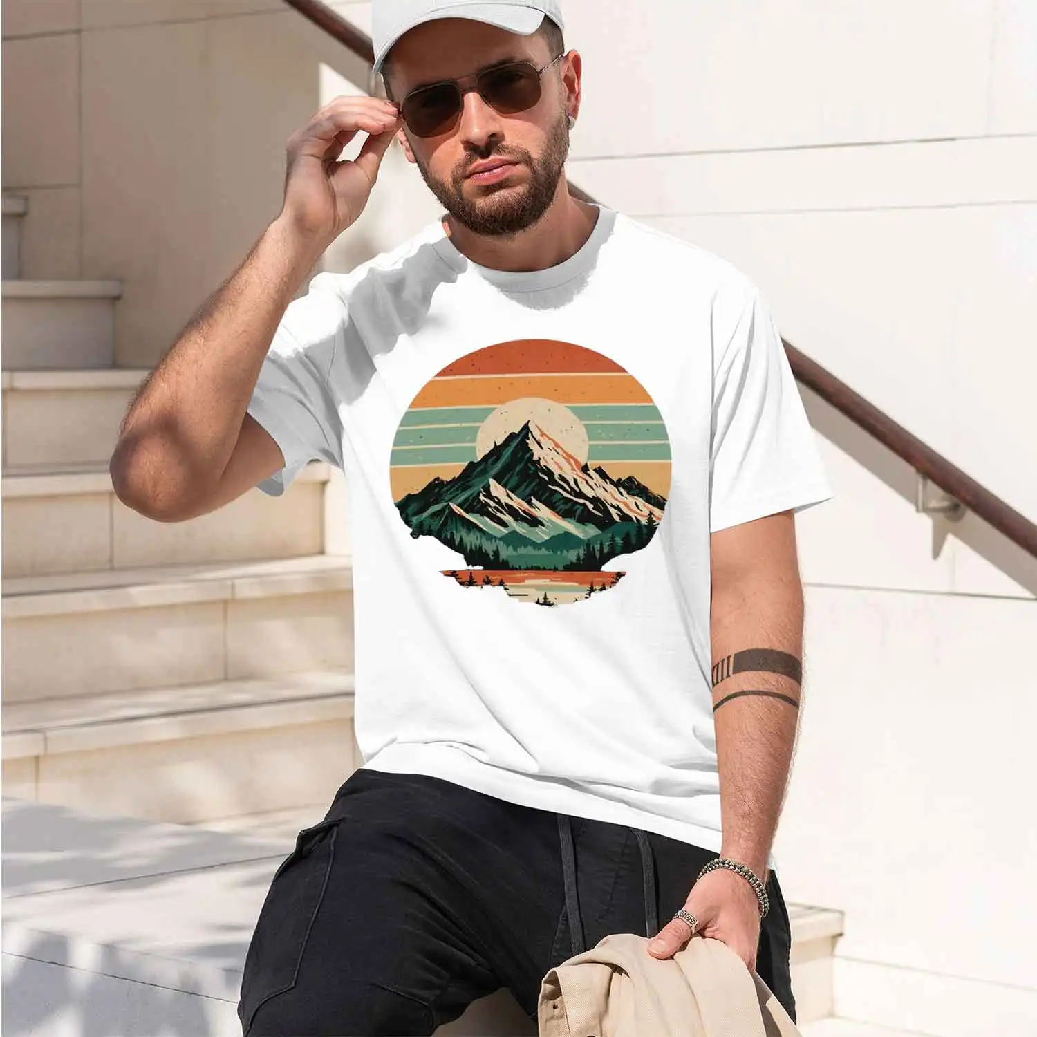 2026 New Model Men's summer 100 cotton fashionable sports casual loose retro snow mountain sunset printed round neck short sleev