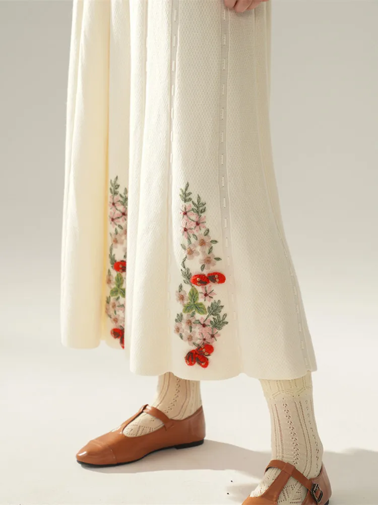 

66-110cm Waist Fall Winter Skirts Women Korean Fashion Elegant Handmade Embroidery Crochet Red Fruit Knitted Alpaca Wool Skirts