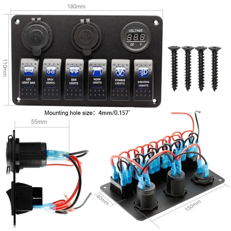 6 Gang Rocker With Dual USB Charger Cigarette Lighter Socket 12-24V DC LED Marine Switch Aluminum Panel