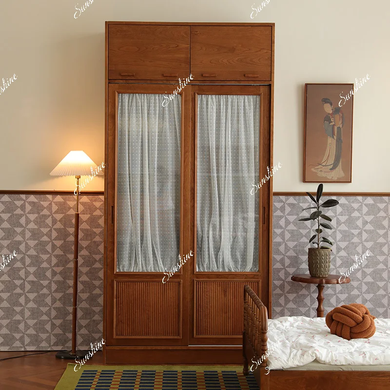 French retro solid wood wardrobe glass white gauze curtain, wardrobe