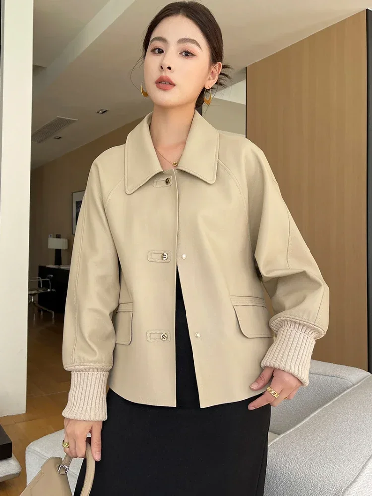 High-end Casual Cropped Genuine Leather Jackets for Women 2024 New Trend Ribbed Knitted Cuff Design Natural Sheepskin Coat