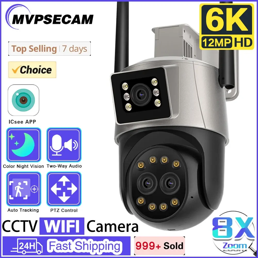 

12MP 6K Outdoor WIFI Camera 8X Zoom Three Lens Dual Screens PTZ Video Cameras Auto Tracking Home Security CCTV Surveillance Cam