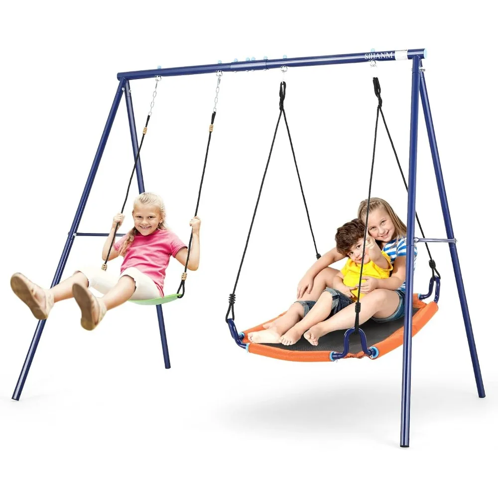 Swing Sets for Backyard - 440lbs Heavy Duty A-Frame Metal Swings Stand Waterproof 2 Seat Kids Play Swing Set Belt Swing