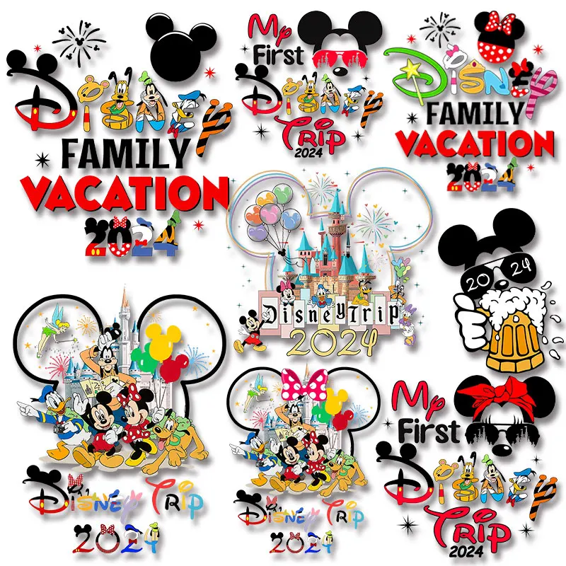 Viaje 2024 vacaciones familiares Mickey Minnie conmemoración día de transferencia de hierro para ropa, fácil de usar, decoración DIY