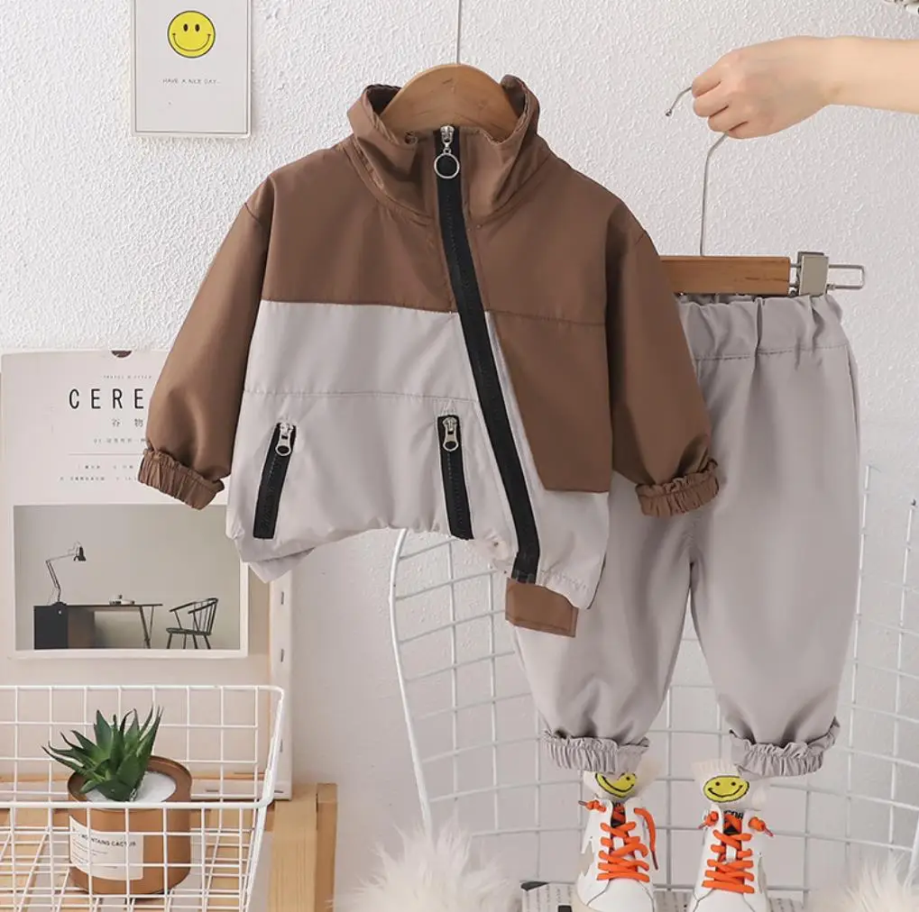 Boys Spring Autumn Suits Children Patchwork Stand-up Collar Zipper Jacket and Pants Two Piece Outfits Toddler Kids Tracksuits